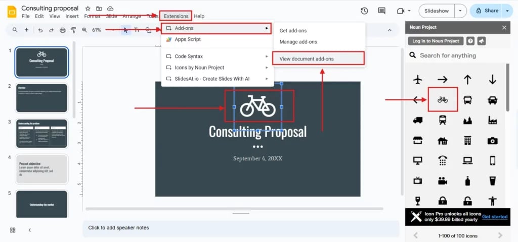 Access the ‘Add-ons’ and Insert Icons into slides