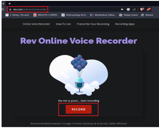 Open the website of Rev Online Voice Recorder