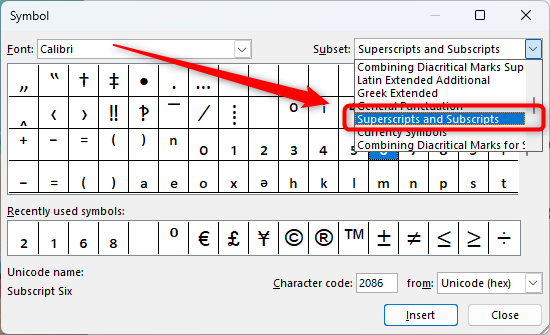 select font and choose superscripts and subscripts