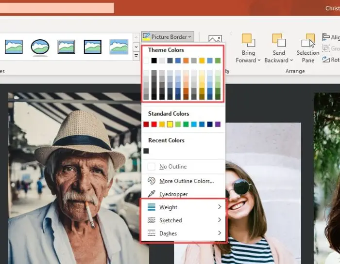 Go to  Picture Border and adjust the Color, Weight, Sketches, and Dashes