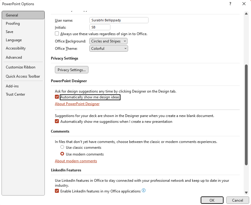 PowerPoint Designer section, ensure both checkboxes are turned on