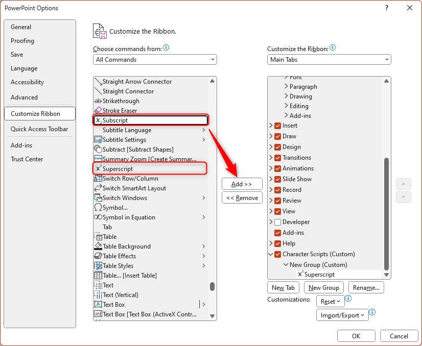 add superscript and subscript in quick access