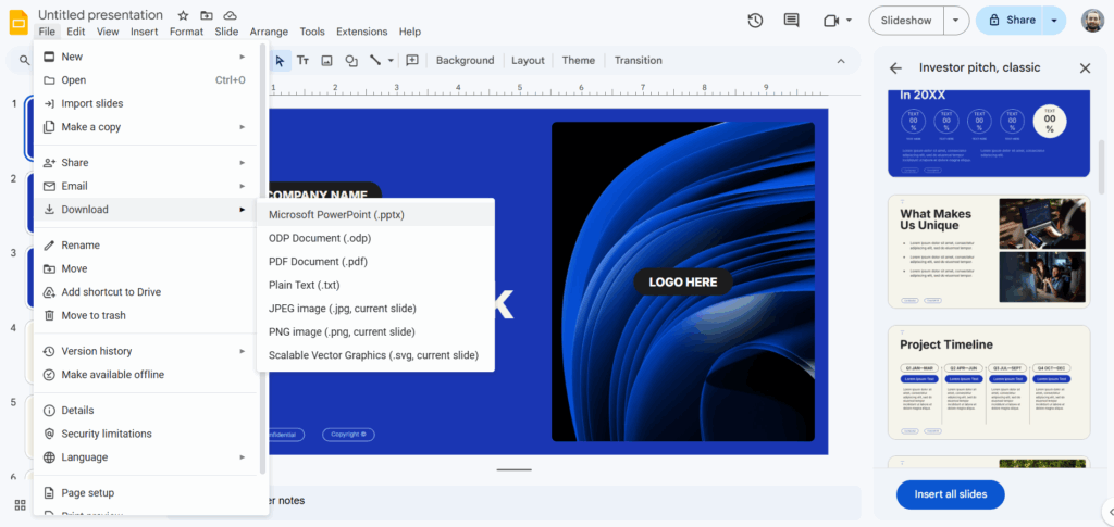 Save Google Slides pitch deck as a PowerPoint Presentation