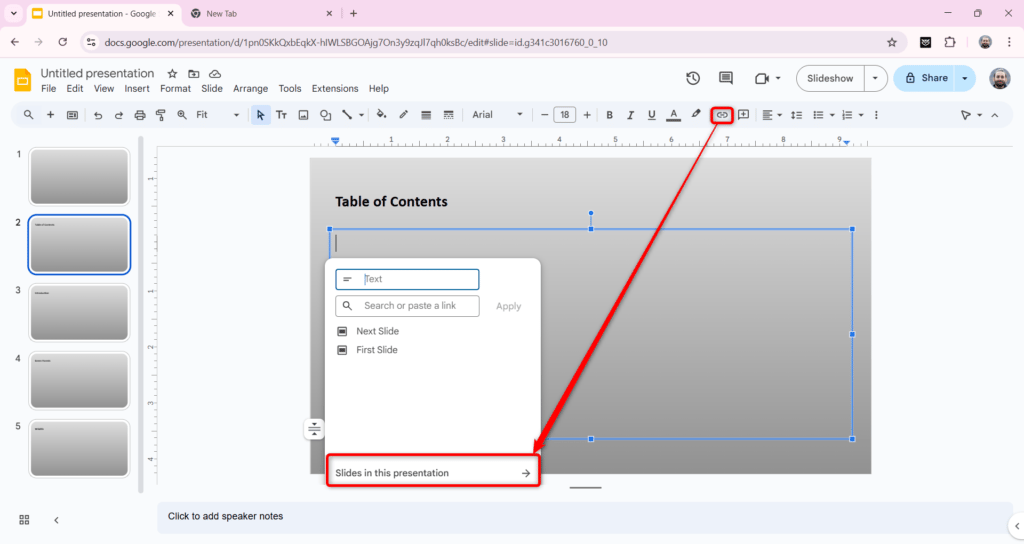 create a table of content in google slides
