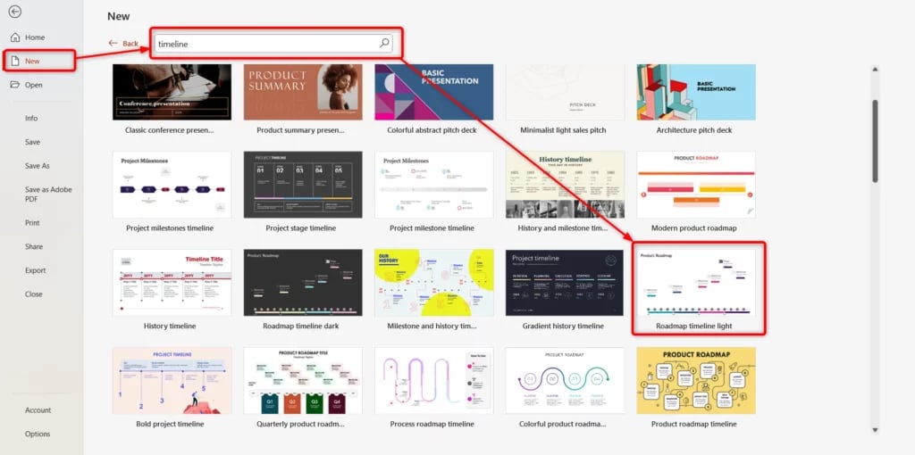 serach timline templates in powerpoint
