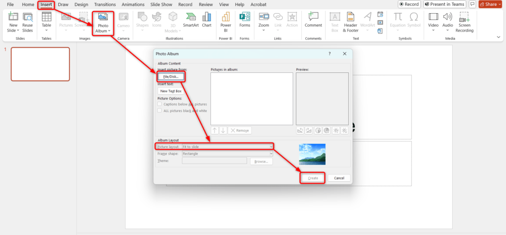 Create an image collage using the Photo Album Option in PowerPoint