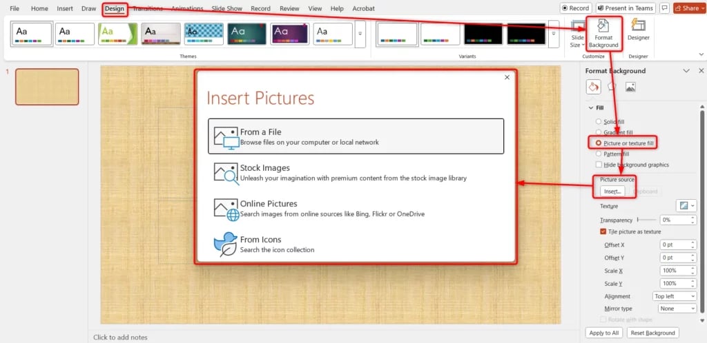 Steps to set Image as a background in PowerPoint presentation