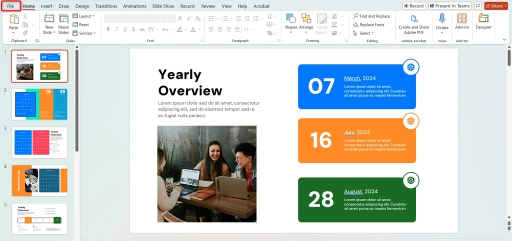 Open PowerPoint presentation and select File option
