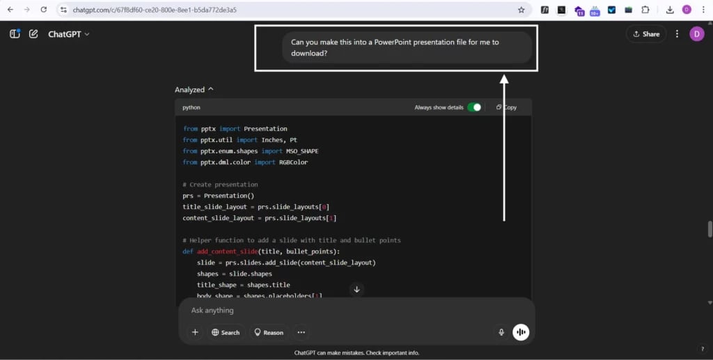 prompting chatgpt to create a powerpoint presentation file