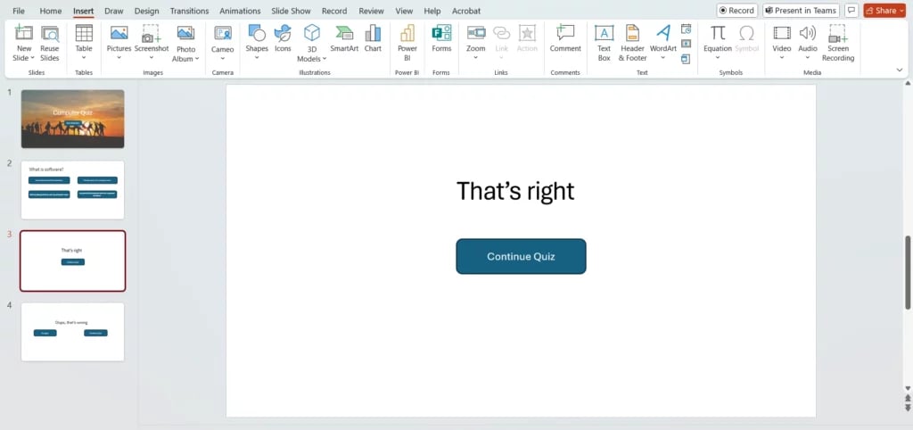 "That's Right" slides in quiz presentation in PowerPoint