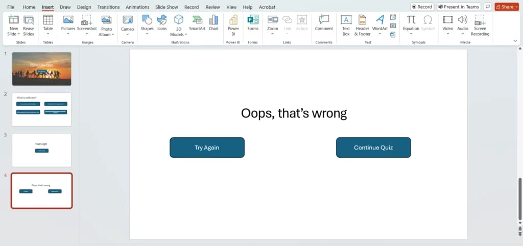 "Oops, that's wrong" slide in quiz presentation in PowerPoint 