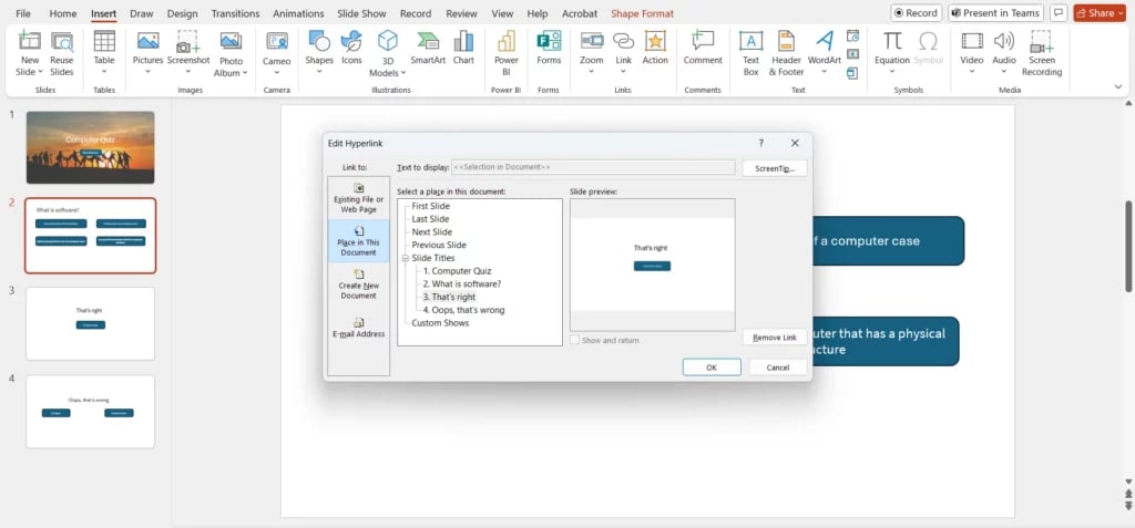 How to insert slide as a hyperlink on text in PowerPoint quiz slide