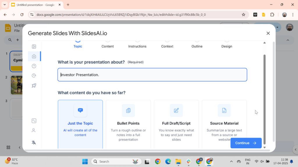 Enter your presentation topic in SlidesAI add-on