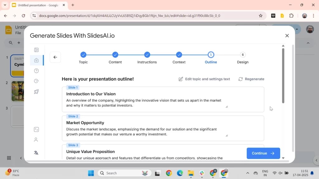 Adjust the outlines and generate the presentation