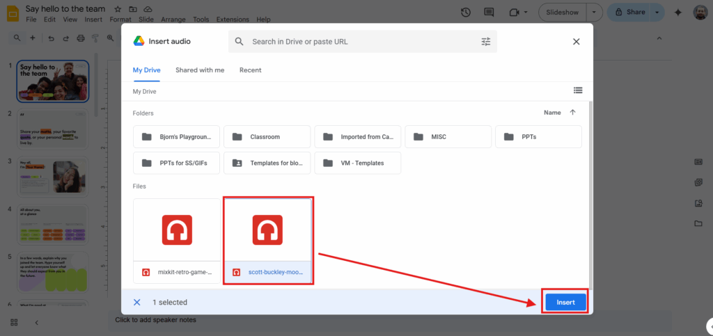 Select Audio file and Click on insert in Google Slides