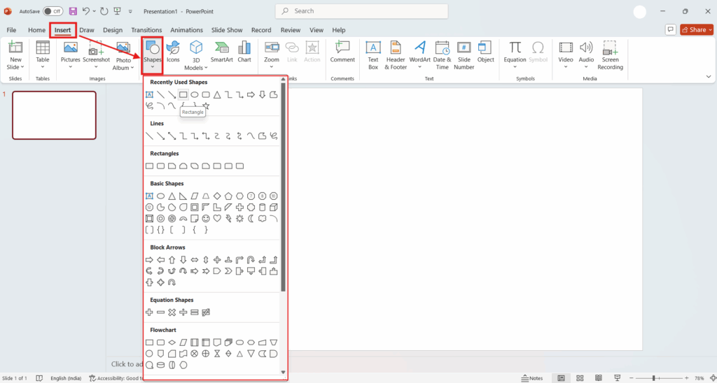 Insert different shapes in PowerPoint Presentation