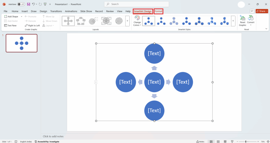 Format Mind map using SmartArt design and Format Tabs