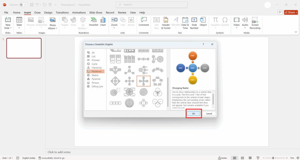 Click on OK in SmartArt Graphic Diagram dialog box