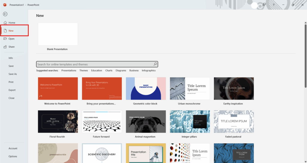 Go to File and New option in PowerPoint