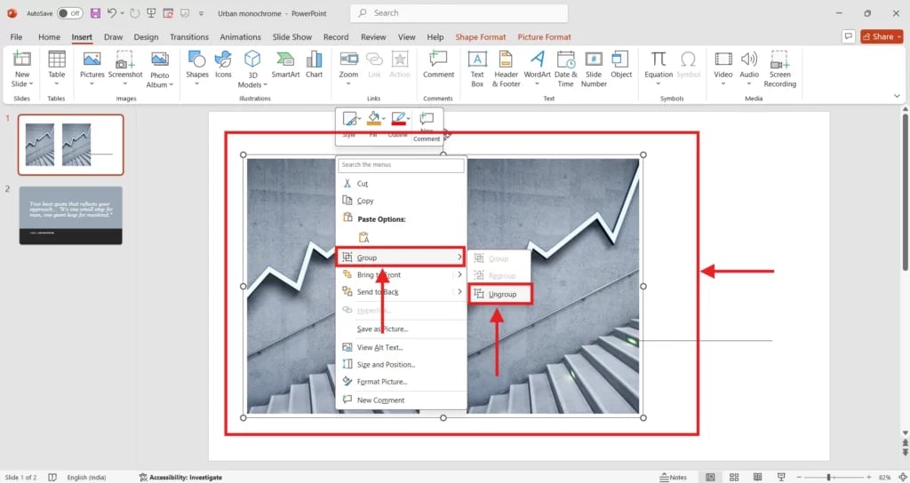 Steps to Ungroup the Objects in PowerPoint