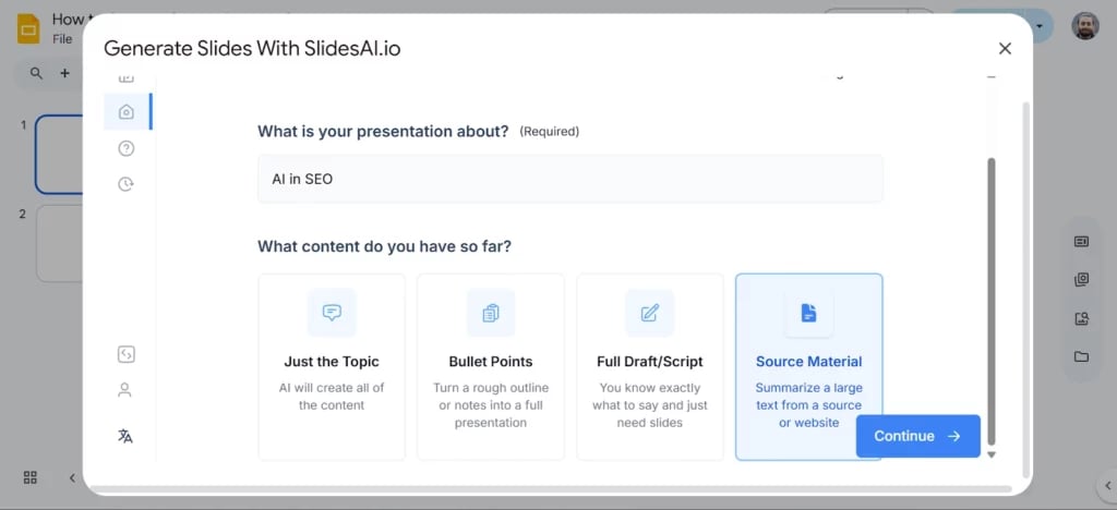Add the topic and select source material