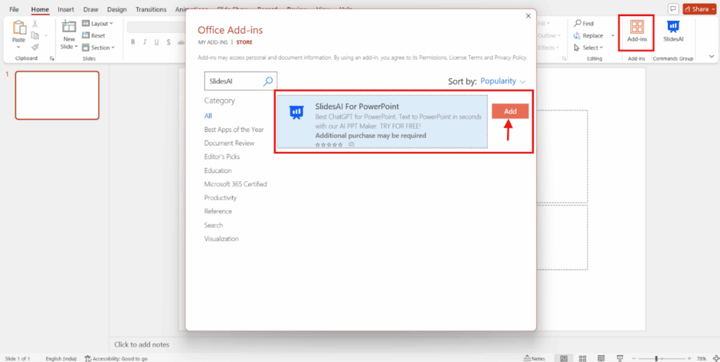 Add SlidesAI Add-in in PowerPoint