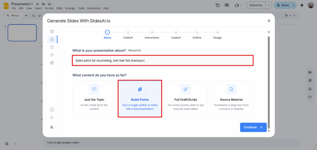 Add Your Topic in SlidesAI extension in Google slides