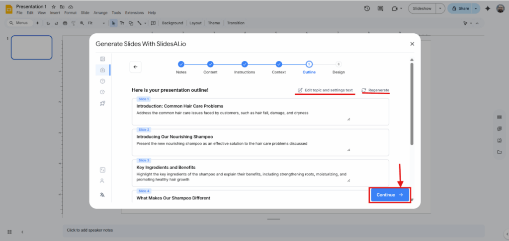 Review and Edit Outline generated by SlidesAI