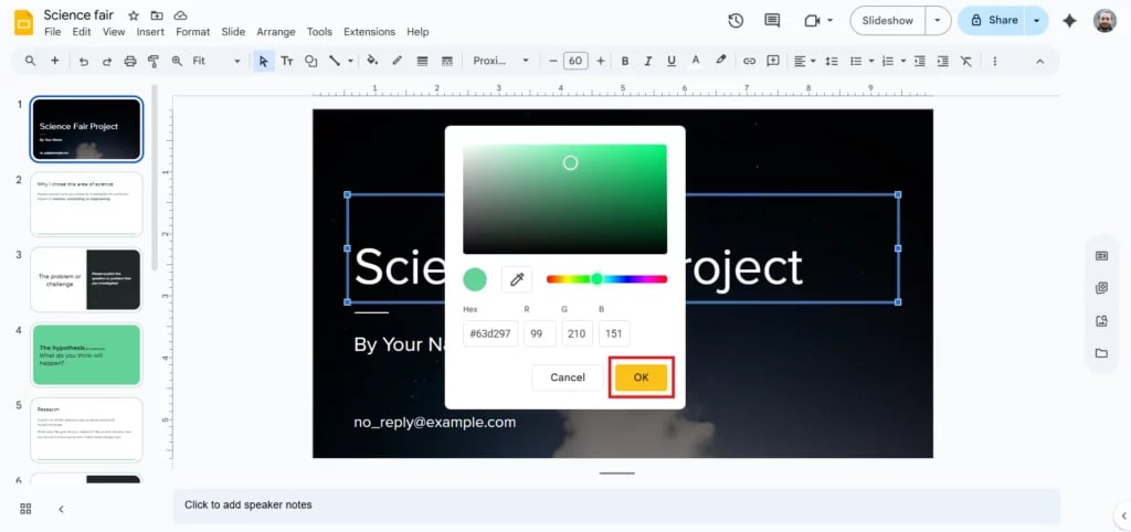 Click on "OK" to apply the color on selected element