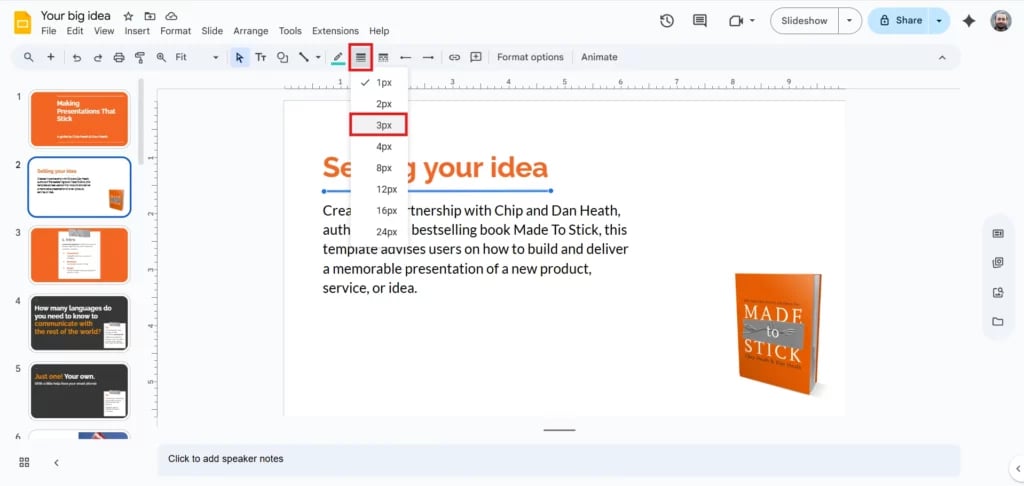 Open the Line Weight Menu in Google Slides