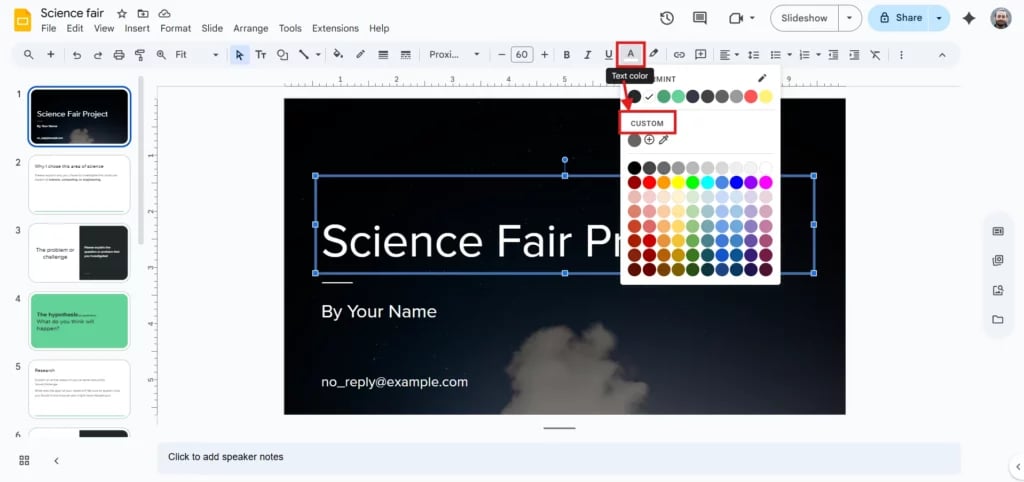 Click on “Custom” or the Plus Sign (+) in Google Slides