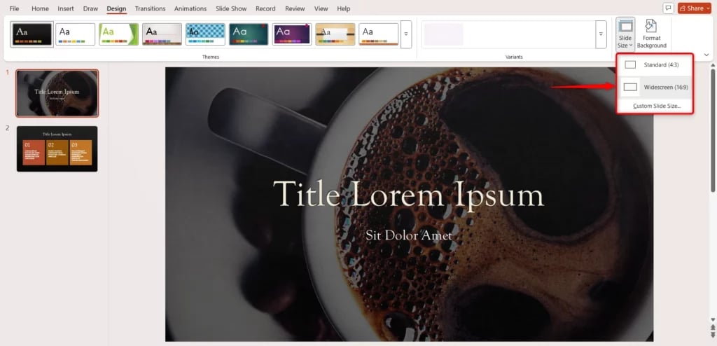 Click Slide Size and then click on Custom Slide Size