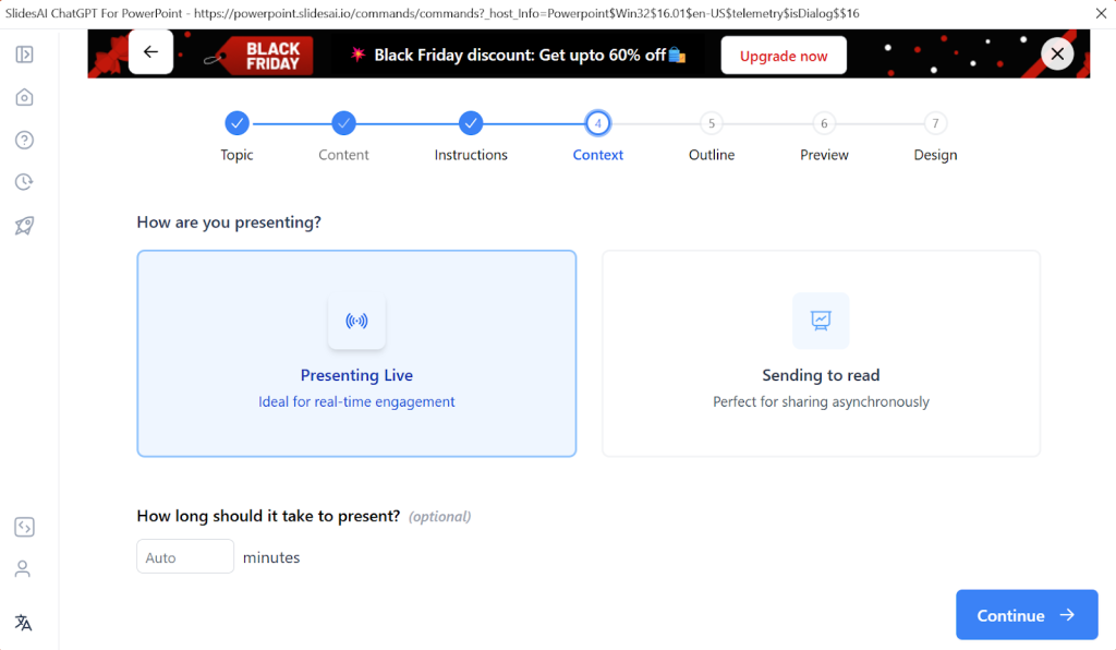 Select the mode of presentation