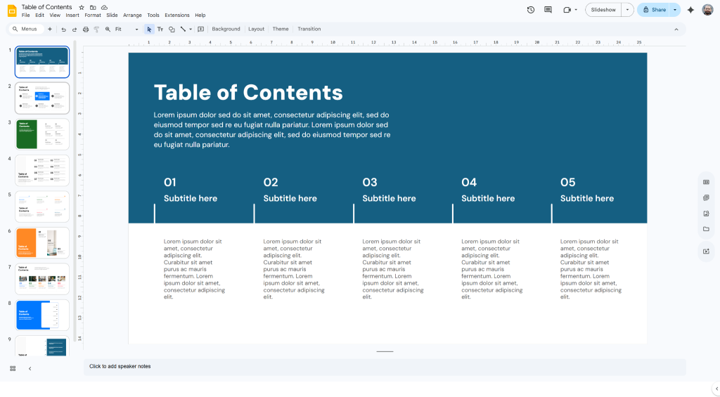 The template will be imported into your Google Slides. 