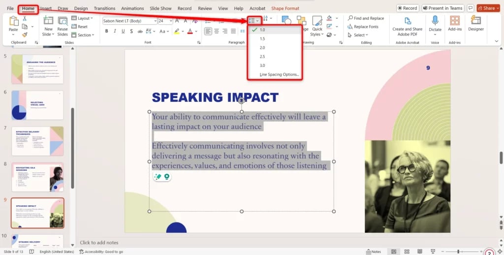 change line spacing using the home tab
