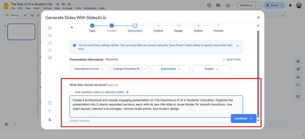 Instructions to add sections