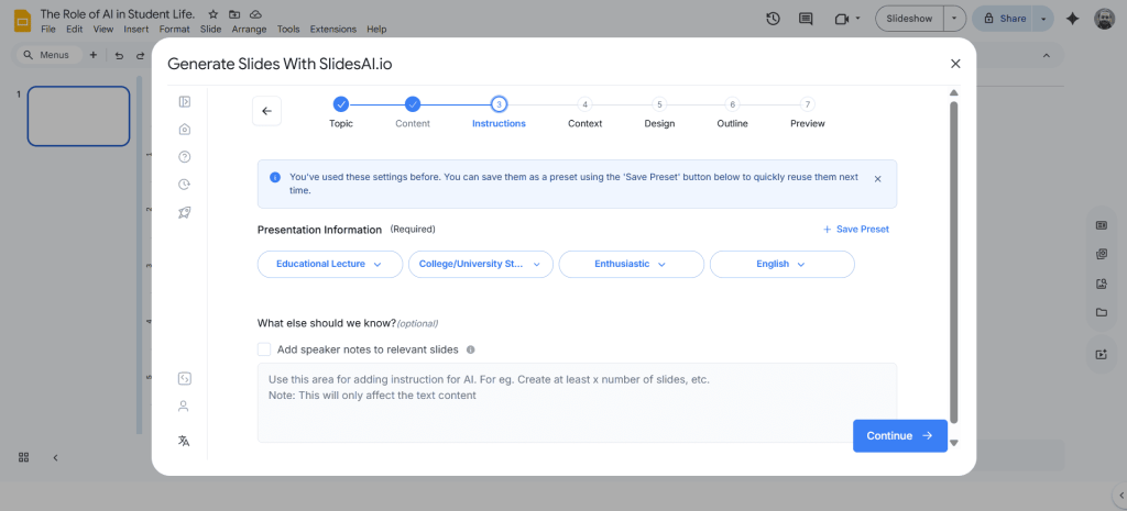 Select your presentation information