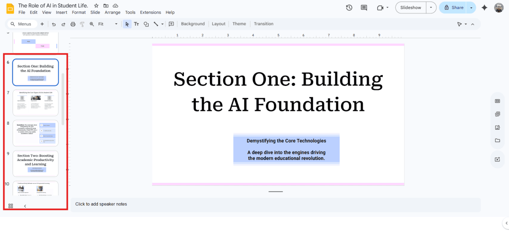 Review the sections in the presentation