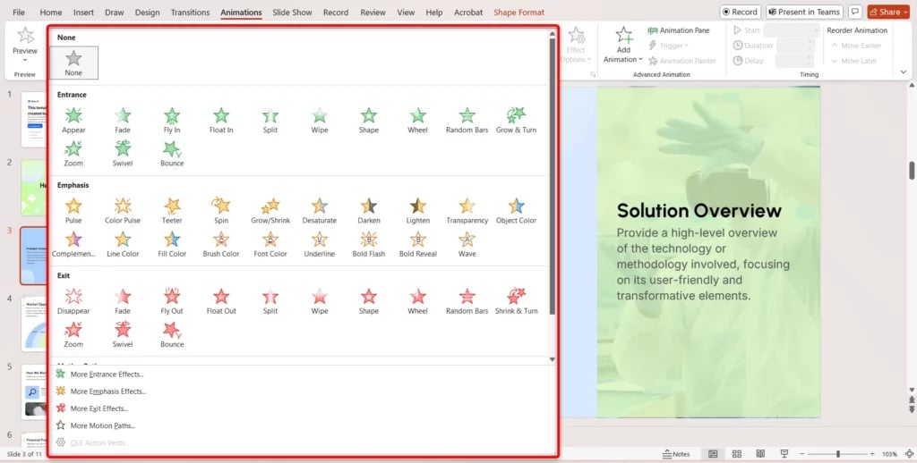 Different animations option in PowerPoint
