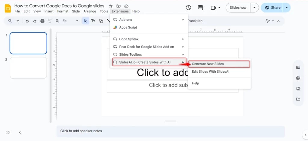Generate new slides with SlidesAI add on