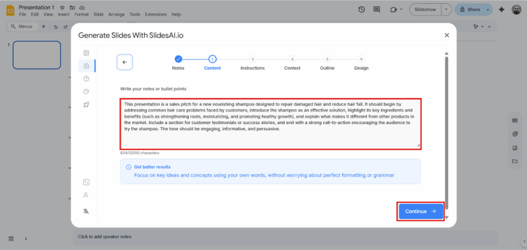 Insert Your Content in SlidesAI extension in Google slides