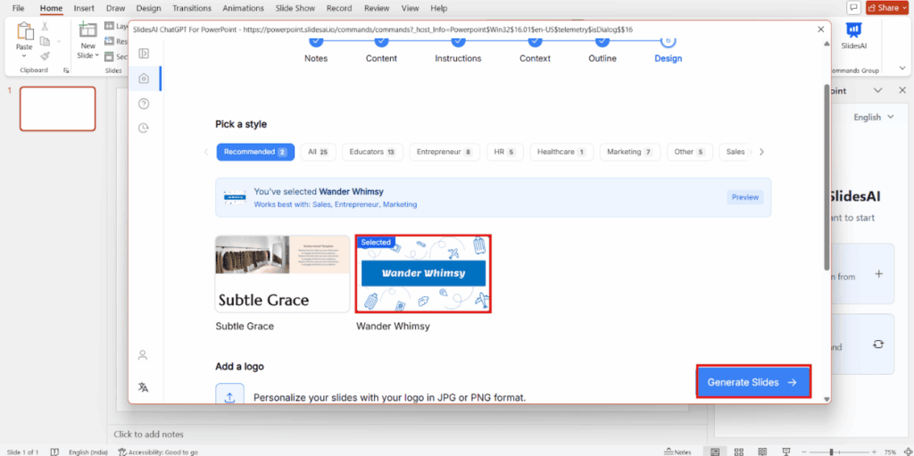 Select SlidesAI template design for your sales presentation