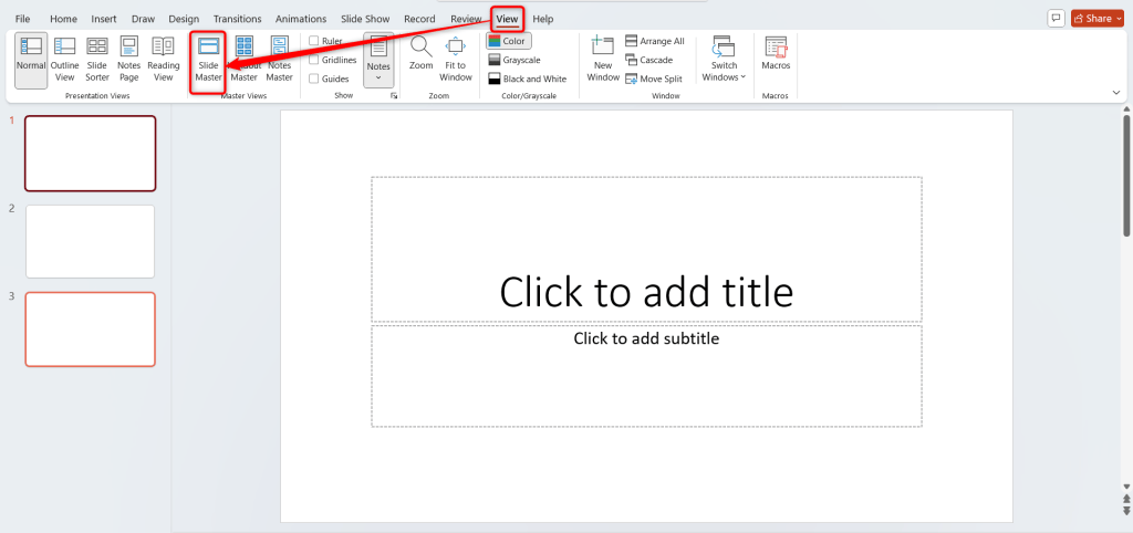 Click on "View" tab and then select "Slide Master" in PowerPoint.