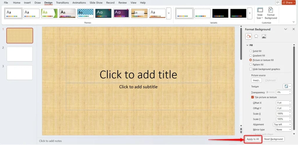 Once you are happy with the background, click “Apply to All” if you want it across every slide, or “Close” if it’s for one slide only.