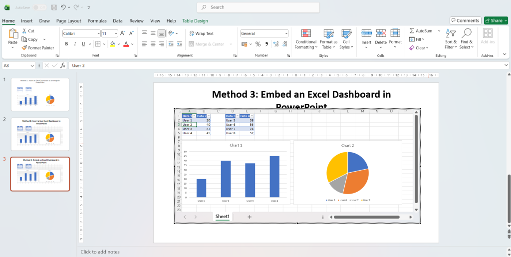 Editable excel dashboard in PowerPoint
