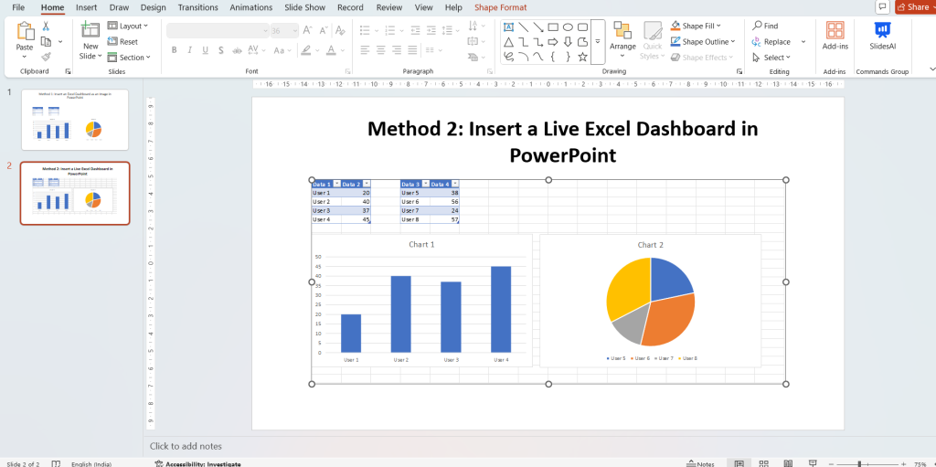 Live Excel dashboard in PowerPoint