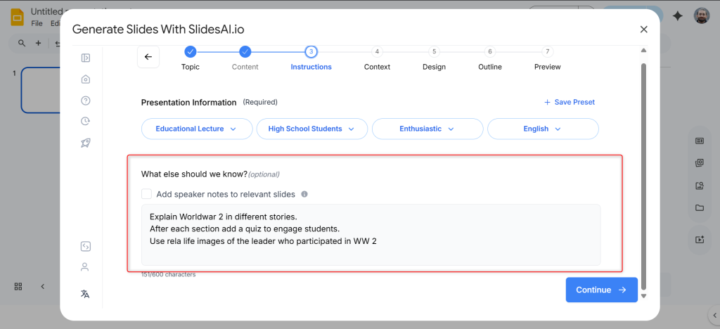 Add instructions for your presentation