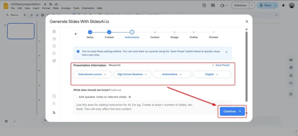 Select the presentation information