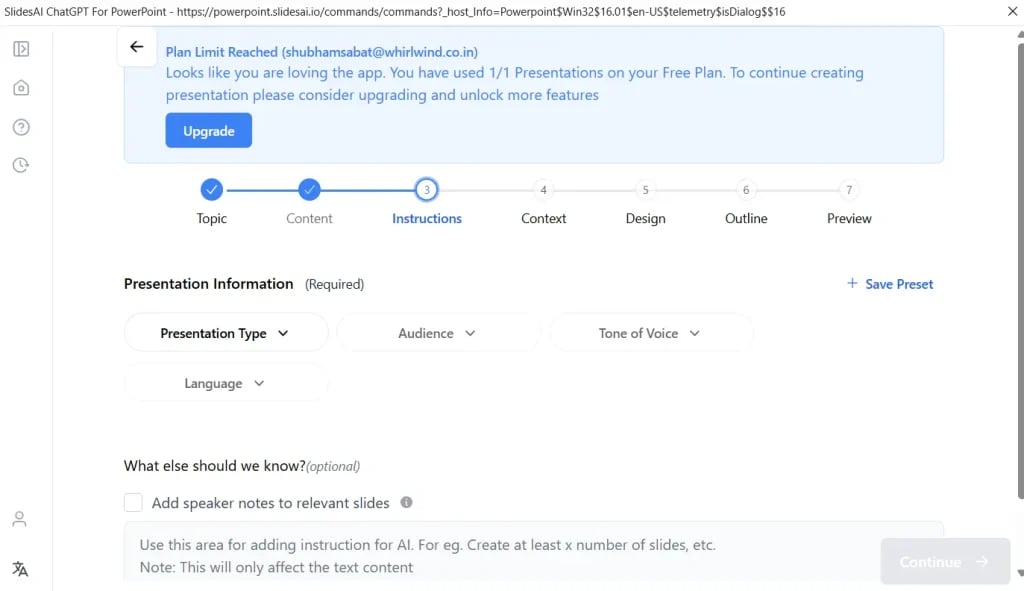 Select the Presentation type, Audience, Tone and language