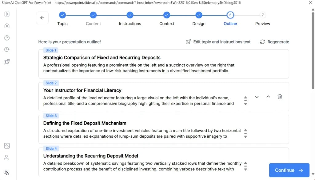 SlidesAI will generate an outline for your presentation. Review the outline. Make edits if necessary